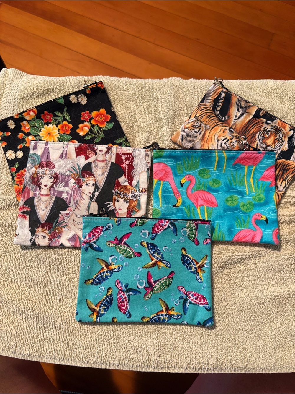 Colorful Patterned Zip Pouches - Flamingo, Turtle, Tiger & Floral Prints